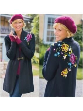 Heavily embroidered WOOL cape cardigan coat Floral romantic soft girl Boho S